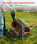Heavy Duty Compost And Seed Spreader 24 Inch Wide Peat Moss Spreader With T Shaped Handle Adjustable Heights on grassy lawn