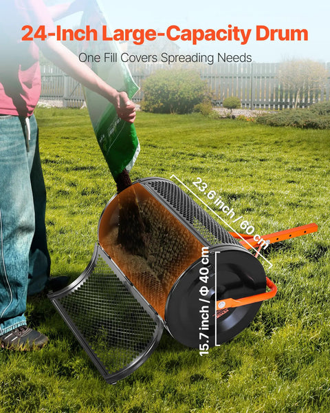 Heavy Duty Compost And Seed Spreader 24 Inch Wide Peat Moss Spreader With T Shaped Handle Adjustable Heights on grassy lawn