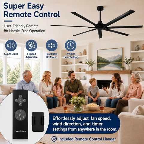100 Inch Black Industrial Ceiling Fan No Light With Remote Control, Reversible 7 Aluminum Blades, DC Motor Ultra Quiet 11500 CFM showcased in a living room setting.