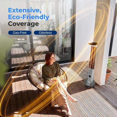 Outdoor Electric Patio Heater With Remote Control 900W Infrared Heat For Instant Warmth Aluminum Reflector IP65 Weatherproof Quiet Standing Porch Heater For Patio And Backyard Ideal For Cold Nights And Chill Evenings next to a seated woman on a patio.