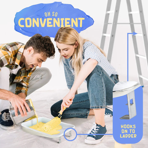 Couple using Heavy Duty 9 Inch Metal Paint Tray With Reusable Pan And 10 Pack 9 Inch White Plastic Liners Paint Roller Tray Set