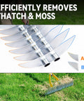 Long Handle Thatch Rake For Lawn With 74 Inch Handle 15 Inch Dethatcher Rake showing dual-sided tines on grass