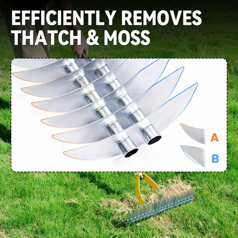 Long Handle Thatch Rake For Lawn With 74 Inch Handle 15 Inch Dethatcher Rake showing dual-sided tines on grass
