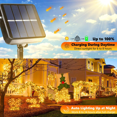 Solar panel and lit house with Solar Powered Outdoor Fairy String Lights 39Ft 100 LED Waterproof Twinkle With 8 Modes And Memory Function