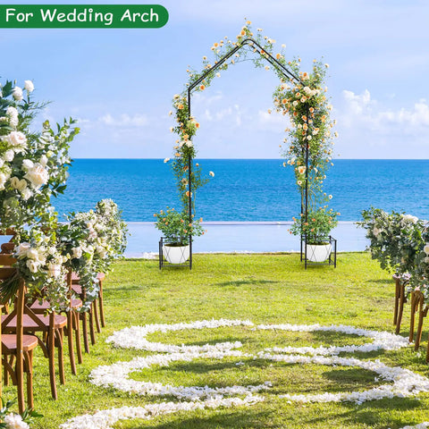 Metal Garden Arch Trellis For Climbing Plants Outdoor 8.2 Ft Tall Arbor With Planter Boxes set up for wedding by ocean view