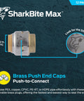Max One Half Inch Push Cap Made In The USA 12 Pack Push To Connect Brass Plumbing Fitting For PEX Copper CPVC PE RT SDR 9 HDPE Pipes End Plug Quick Install No Soldering Needed shown in close-up view