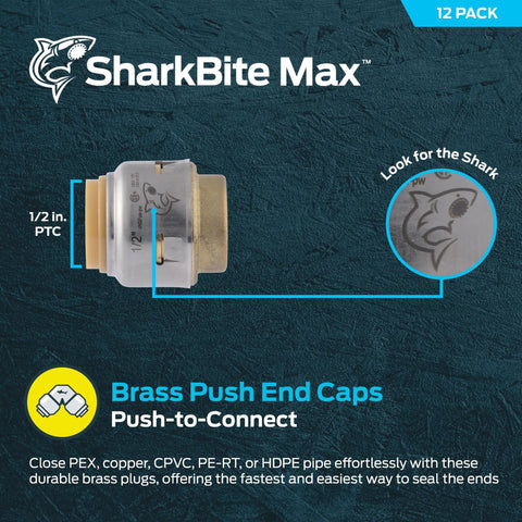 Max One Half Inch Push Cap Made In The USA 12 Pack Push To Connect Brass Plumbing Fitting For PEX Copper CPVC PE RT SDR 9 HDPE Pipes End Plug Quick Install No Soldering Needed shown in close-up view