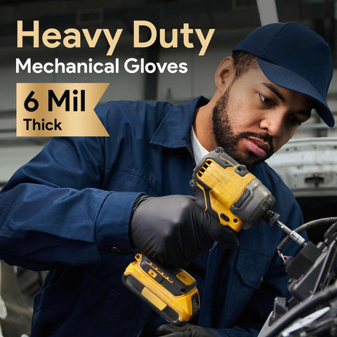 Black nitrile disposable gloves, 6 mil, large, worn by a mechanic using a yellow drill (side view).