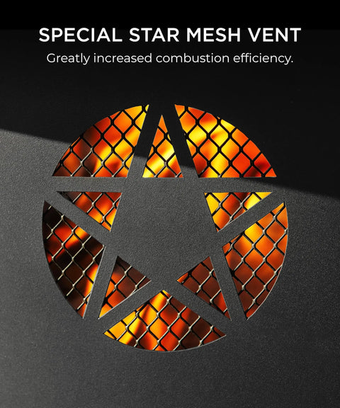 Star mesh vent detail on 35 Inch Outdoor Fire Pit Table With 360 Degree Rotating Grill, enhancing combustion efficiency.