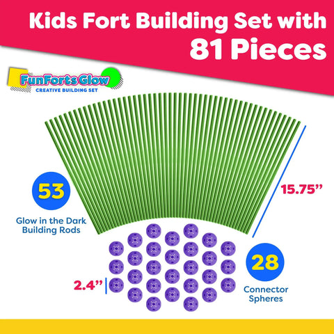 Glow In The Dark Fort Building Kit For Kids 81 Pack With 53 Rods And 28 Spheres STEM Construction Toys diagram.