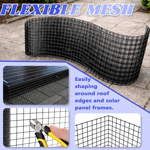 6 Inch By 100 Ft Solar Panel Bird Guard Kit With 100 Fastener Clips showing flexible black mesh and cutting tools
