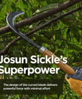 Josun Sickle Hand Forged Weeding And Brush Clearing Tool With Razor Sharp Blade And Chestnut Wood Handle in use cutting branches.