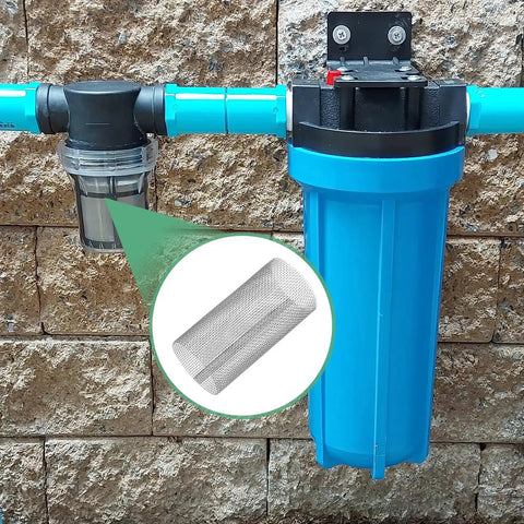 Close-up of 2 Pack 20 Mesh Stainless Steel Filter Screens for inline water filters with focus on reusable sediment strainer.