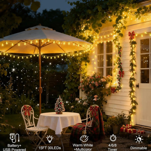 Battery Operated String Lights With 24 Color Changing Modes, 15Ft Long, 30 LED USB Powered Fairy Lights illuminating a patio