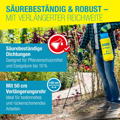Person using 5 Liter Acid-Resistant Garden Sprayer With 0.4 Meter Extension Lance For Acetic Acid Sprays in a garden
