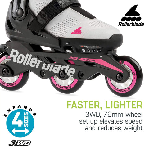 Kid's Adjustable Inline Skates With Lace-Free Closure, Black And Pink, Microblade 3WD Shell, 76mm Wheels, Side View