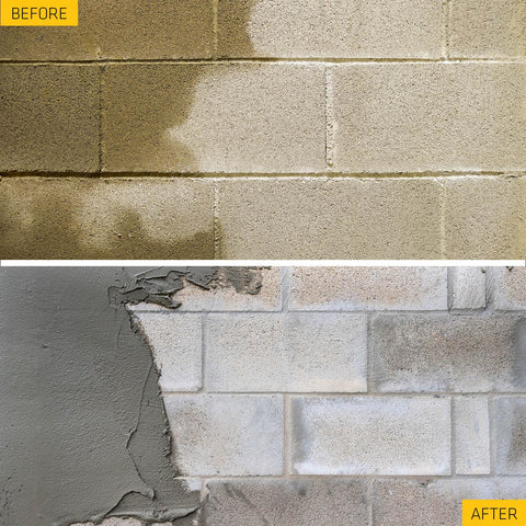 Before and after using Fast Plug Hydraulic Cement For Masonry Cracks And Leaks, Stops Leaks Instantly, 4 lb powder, gray patching results