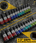 14 Piece One Half Inch Drive Impact Socket Set Built Strong For High Torque, 8 mm To 22 mm Deep Sockets, Metric 6-Point CR-V Steel