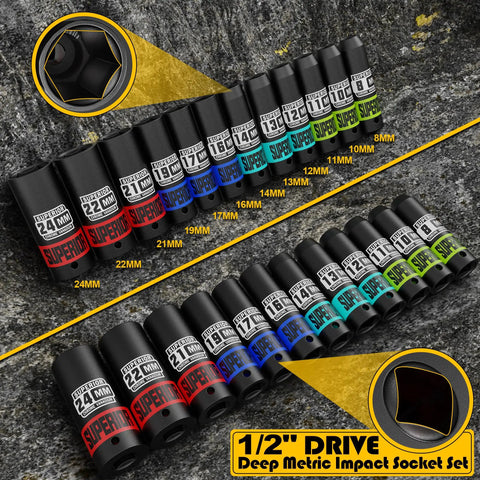 14 Piece One Half Inch Drive Impact Socket Set Built Strong For High Torque, 8 mm To 22 mm Deep Sockets, Metric 6-Point CR-V Steel