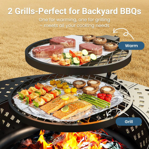 Two removable grill plates on Three In One Extra Large Outdoor Fire Pit Table with food items, showcasing warming and grilling surfaces.