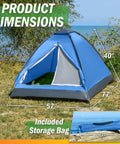 Two Person Camping Tent With Rain Fly And Carry Bag Ultralight Pop Up Shelter shown on grass near water, dimensions included.