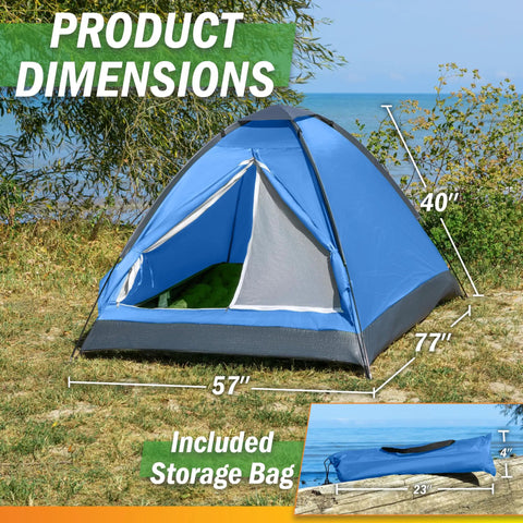Two Person Camping Tent With Rain Fly And Carry Bag Ultralight Pop Up Shelter shown on grass near water, dimensions included.