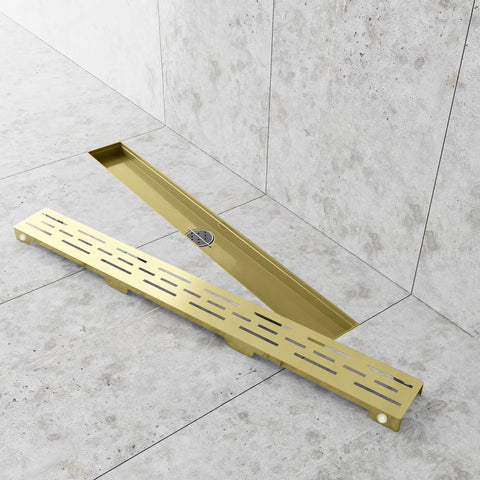 24 Inch Linear Shower Drain In Gold Finish, Slick Stainless Steel Rectangular Floor Drain With Removable Patterned Grate, Hair Strainer, And Threaded Adapter For Modern Shower Floors