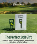Seven In One Metal Golf Divot Tool With Magnetic Ball Marker And Tee Height Setter Includes Bottle Opener Groove Cleaner Putting Alignment And Club Tee A Durable Green Accessory Gift For Men And Women shown with packaging on a golf course.