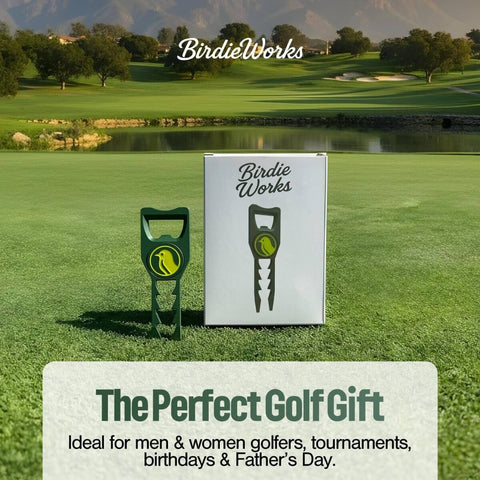 Seven In One Metal Golf Divot Tool With Magnetic Ball Marker And Tee Height Setter Includes Bottle Opener Groove Cleaner Putting Alignment And Club Tee A Durable Green Accessory Gift For Men And Women shown with packaging on a golf course.