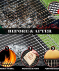 Before and after use of Wood Grill Scraper With QuickClean Tech Bristle Free BBQ Brush Alternative on grill grate