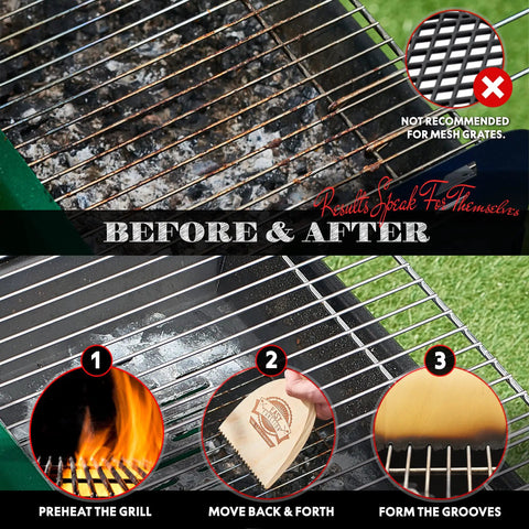 Before and after use of Wood Grill Scraper With QuickClean Tech Bristle Free BBQ Brush Alternative on grill grate