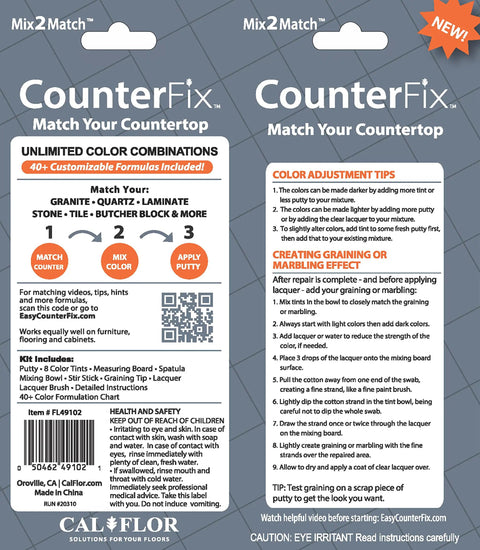 Mix2Match Countertop and Backsplash Repair Kit packaging with instructions and color adjustment tips for stone, tile, and wood surfaces.