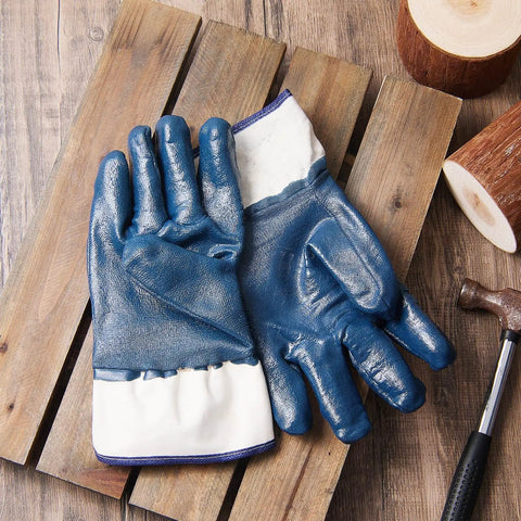 Pro Grade Nitrile Work Gloves Built Tough 10 Pack Blue Heavy Duty Oil And Chemical Resistant Safety Gear With Superior Non Slip Grip on wooden surface.