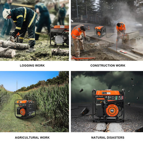 Open Frame 4000W Inverter Generator With 223cc OHV Engine, 30A RV Outlet used in various work settings including logging and construction.