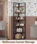 Six Tier Corner Bookshelf With Industrial Metal Frame And Engineered Wood Shelves Tall Seventy One Point Seven Inch Bookcase in bathroom