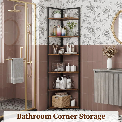 Six Tier Corner Bookshelf With Industrial Metal Frame And Engineered Wood Shelves Tall Seventy One Point Seven Inch Bookcase in bathroom