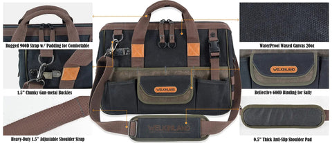 Front view of 32 Pocket Waxed Canvas Tool Bag with heavy-duty build, black and brown design, featuring 16-inch tool carrier and IronWire mouth.