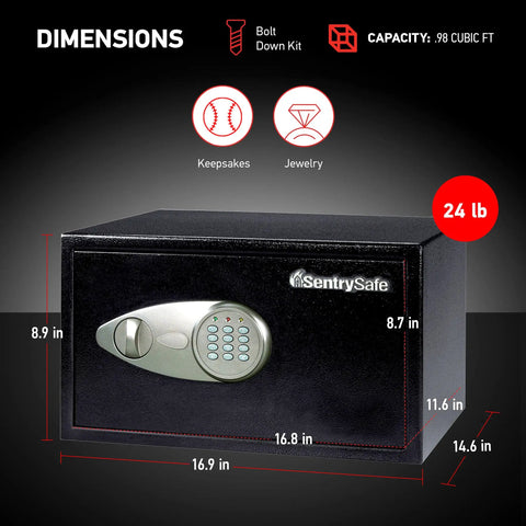 Digital Keypad Safe For Money, Jewelry And Documents, 0.98 Cu Ft Steel Safe With Interior Lining And Bolt Down Kit displayed with dimensions