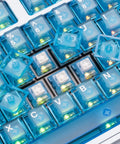 Built Damn Tough Full Aluminum Wireless Mechanical Keyboard With Hot Swappable Switches and Smart Tri Mode Pairing Featuring Custom RGB Lighting 8000Mah Cell For Elite Gaming And Typing Setups showing custom blue keycaps and RGB lighting.