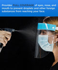 Woman wearing 80 Shield Case With 8 Packs Of 10 Ultra Clear Full Face Shields Anti Fog PET Plastic Elastic Headband And Soft Forehead Pad Protect Eyes Nose And Mouth From Droplets Sanitary Splash Guard All Day Comfort