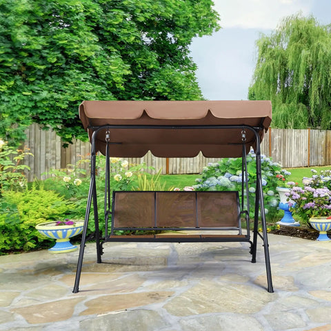 Three Seat Outdoor Porch Swing With Adjustable Canopy, Armrests And Included Stand in garden