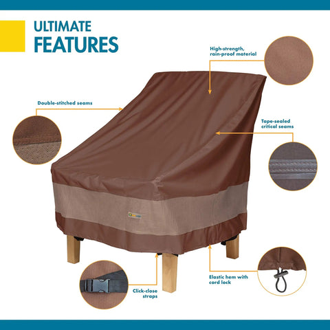 Mocha Cappuccino Ultimate Waterproof Patio Lounge Chair Cover For All Weather Protection, showing features and click closures.