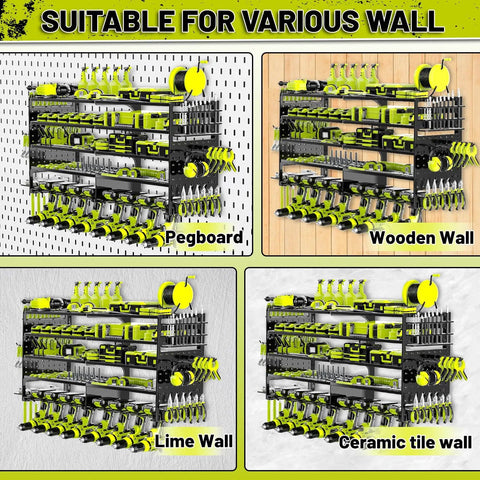 Heavy Duty Five Layer Power Tool Organizer Wall Mount With Eight Drill Holders And Cordless Tool Hanger Storage Rack for various wall types