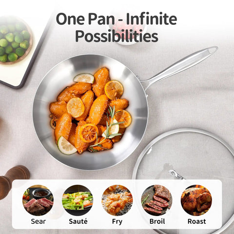 12 Inch Tri Ply Stainless Steel Pan No PFOA Or PTFE For Even Heat Quick Preheat Skillet with lemon chicken inside.
