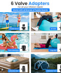 6 valve adapters for Electric Inflatable Paddle Board Pump, shown with various inflatables: paddle board, air sofa, pool toys.