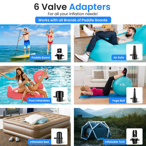 6 valve adapters for Electric Inflatable Paddle Board Pump, shown with various inflatables: paddle board, air sofa, pool toys.