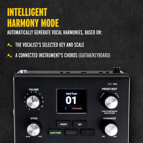 Front view of VX5 Vocal Effects Pedal With Antares AutoTune Real Time Pitch Correction Retune Speed And Humanize Controls, showing intelligent harmony mode.
