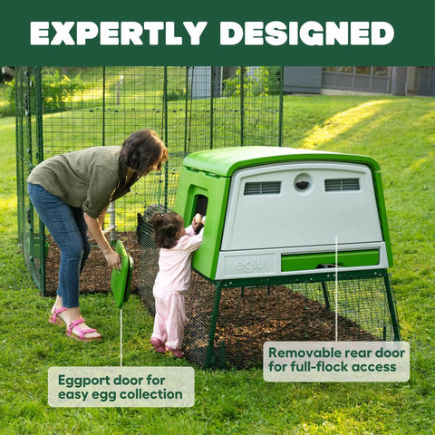 Mother and child accessing Large Plastic Chicken Coop For Easy Cleaning And A Secure Hen House in green, showcasing eggport door