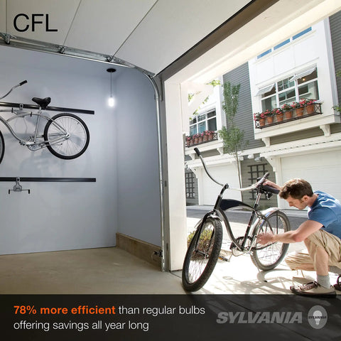 Man fixing bicycle in garage lit by CFL T2 Twist Light Bulb 60W Equivalent 13W 800 Lumens Daylight 6500K 3 Pack.