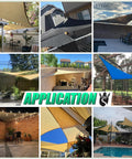 Nine images showing installed Beige Right Triangle Sun Shade Sail 10x10x14 Ft For Patio, 95 Percent UV Block, different perspectives.
